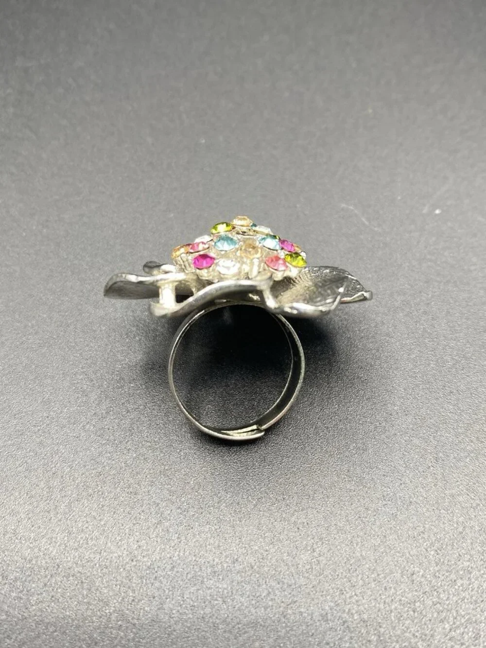 Silver-Tone Statement Ring Flower Multicolored Rhinestone Cocktail Ring Sz 6-8